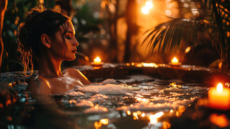 portrait of woman sitting in bath tub relaxing with foam and burning candles at homeの素材