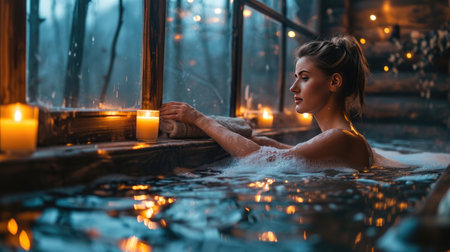 portrait of woman sitting in bath tub relaxing with foam and burning candles at homeの素材