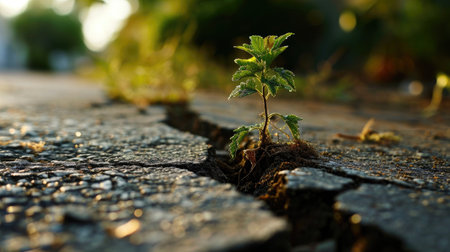 sprout seedling tree growing out crack in concrete pavement on the roadの素材