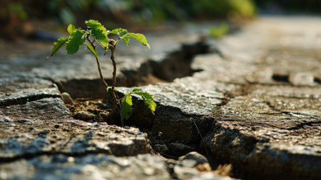 close up of tree sprout growing out of concrete crack in pavement roadの素材