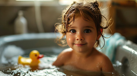 portrait of toddler girl in bath tub bathing in water with rubber duck toy and foamの素材