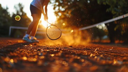 close up of tennis racket in hand and ball on grass fieldの素材