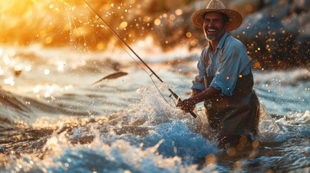 fisherman angler holding fishing rod in sea with fish jumping out of water at sunsetの素材