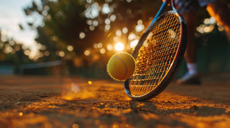 close up of tennis raquet in hand and ball on a green grass summer field on a sunny dayの素材