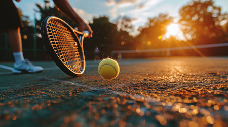 close up of tennis racket in hand and ball on grass fieldの素材