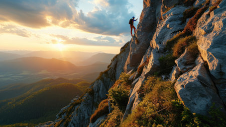mountain climber hanging from cliff wall on rocky stone landscapeの素材