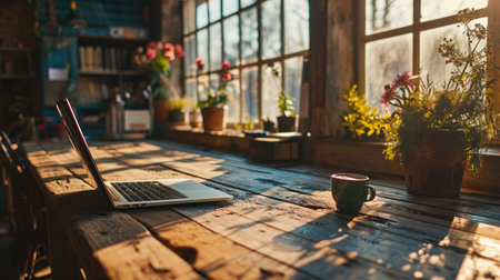cozy home workspace with laptop on wooden table next to bright windowの素材