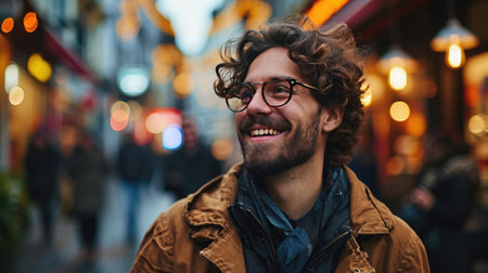 portrait of stylish casual young Caucasian man standing on street with a smileの素材