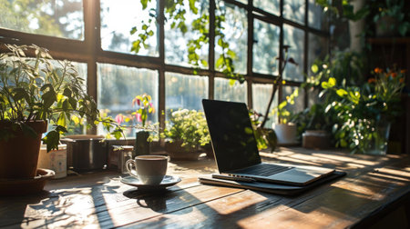 laptop and cup on wooden table workspace with bright window and plant potsの素材