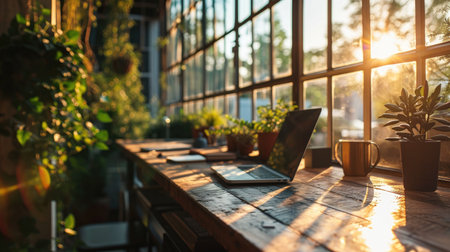 laptop and cup on wooden table workspace with bright window and plant potsの素材