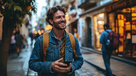 portrait of young man holding smartphone on the street smilingの素材