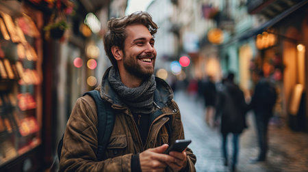 Closeup portrait of young Caucasian man holding smartphone on street smilingの素材