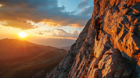 mountain climber hanging from cliff wall on rocky stone landscapeの素材