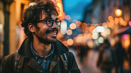 portrait of stylish casual young Caucasian man standing on street with a smileの素材