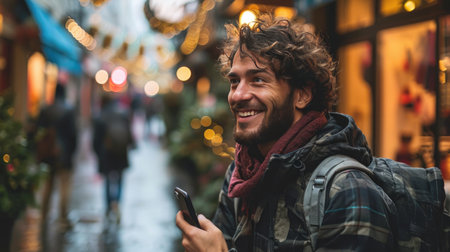 portrait of young Caucasian man standing on the street with smartphone in hand smilingの素材