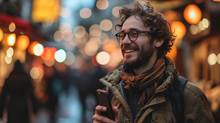 Closeup portrait of Caucasian young man holding mobile phone in hand on the street smilingの素材