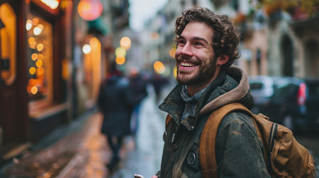 portrait of young Caucasian good looking man on street smilingの素材