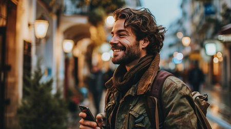Closeup portrait of Caucasian young man holding mobile phone in hand on the street smilingの素材