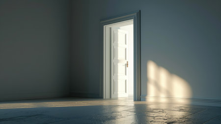 bright empty white residential room with open door apartmentの素材