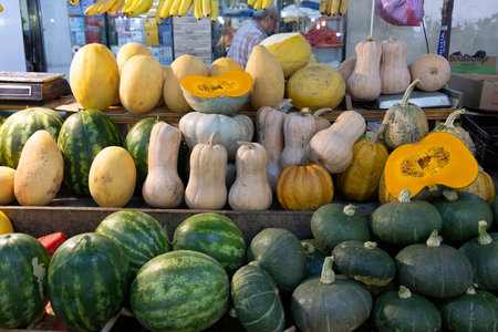 Fresh local seasonal vegetables in local market bazaar. Organic healthy fresh food on sale in marketplace from farmersの写真素材
