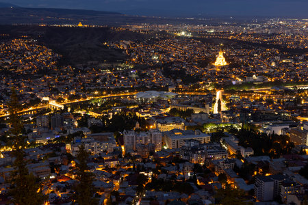 Panoramic landscape of Tbilisi capital of Georgia at nigh after sunset with street light and lit...