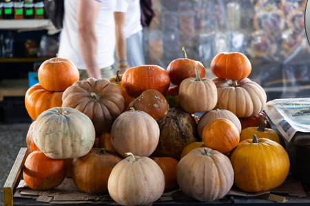 Closeup of market stall selling fresh assortment of vegetables from local ecological producers in bazaar of Yerevanの写真素材