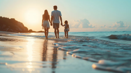 Man and woman child walking on the beach sand  next to ocean water holding hands at sunset.の素材
