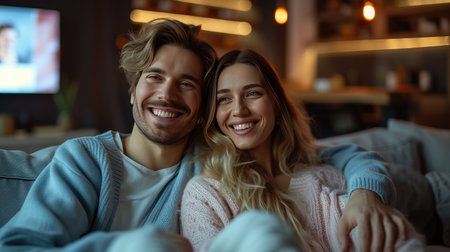 Young couple sitting on sofa watching TV hugging relaxed in roomの素材