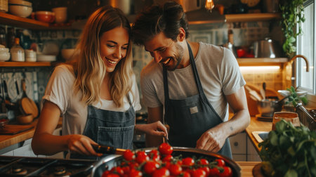 Young couple smiling cooking healthy lunch in kitchen togetherの素材