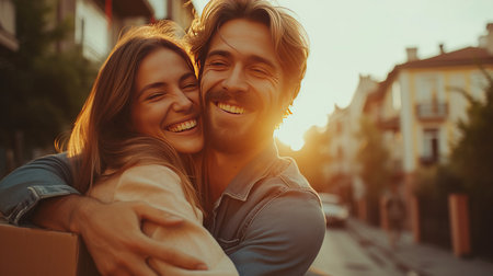 Portrait of caucasian couple hugging with a big smile next to cartboard box on a sunny day.の素材