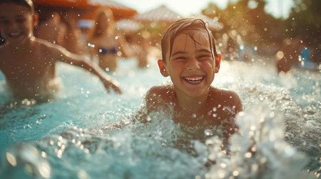 Portrait of happy young boy in the water at the swimming pool on a sunny dayの素材