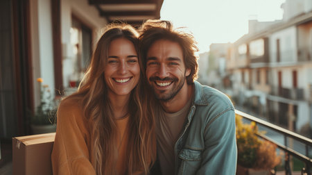 Young couple standing outside of home with cartboard box near houseの素材