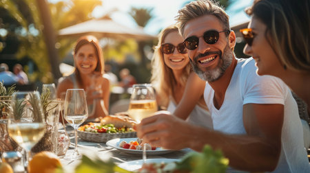 Portrait of diverse people having lunch eating outside on a terrace having fun on a sunny day.の素材