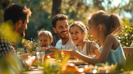 Father with three children having family lunch outside on a sunny dayの素材