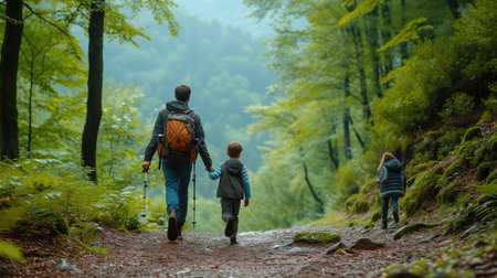 Father with two children hiking in the mountains on a path in the forest during autumn.の素材