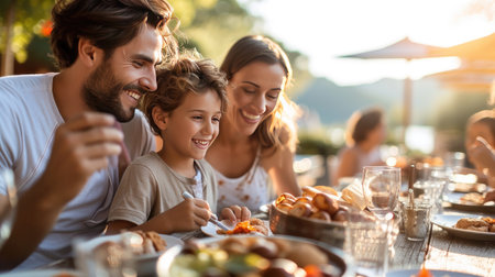 Young family with man, woman and one girl having lunch outside at restaurant.の素材