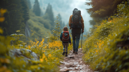Father with child hiking in the mountains together on path with forest landscape.の素材