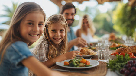 Portrait of family with two children eating at restaurant outsideの素材