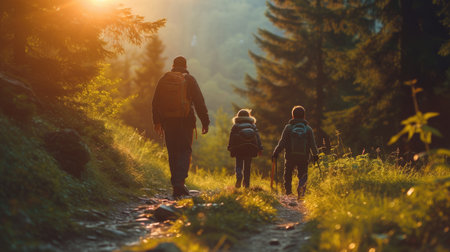 Father with two children hiking in the mountains on a path in the forest during autumn.の素材