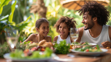 Portrait of black family having lunch at retsaurant outside on the terrace on a sunny bright dayの素材