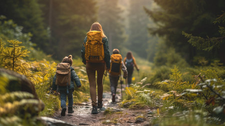 Woman mother with three chidren hiking in the mountains on path in forest.の素材