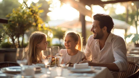 Man with two children having lunch outside at terrace on a sunny dayの素材