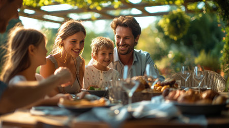 Mand and woman parents with two children having lunch at terrace outside.の素材