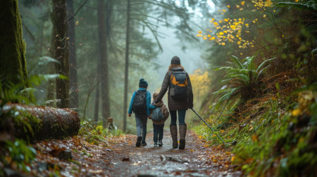 Woman with two children walking in mountains on forest path.の素材