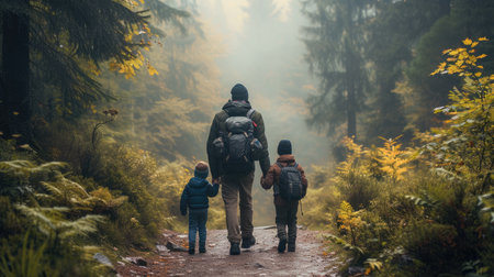 Father with two children hiking in the mountains on a path in the forest during autumn.の素材