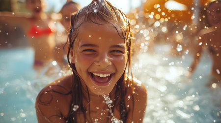Little caucasian girl having fun swimming at the pool in the water on a bright day.の素材