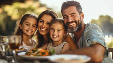 Portrait of family with two children eating at restaurant outsideの素材