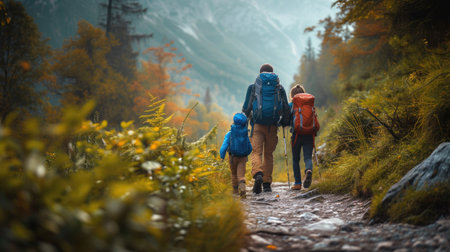 Landscape of father with two children hiking in the mountain forest path.の素材