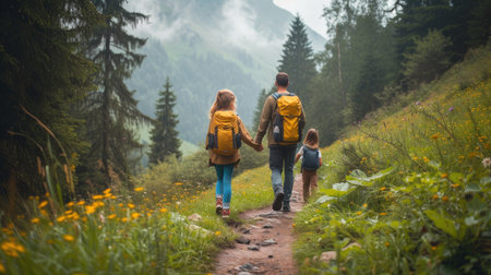 Landscape of father with two children hiking in the mountain forest path.の素材