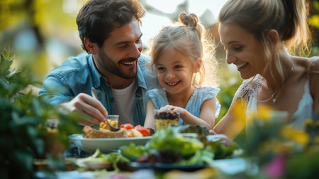 Young family with man, woman and one girl having lunch outside at restaurant.の素材